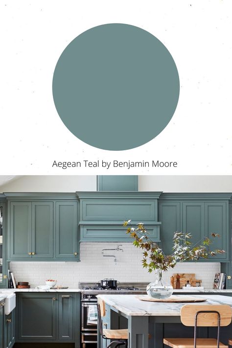 Aegean Teal is a blend of blue green with undertones of gray. Anytime a darker color has a gray undertone, it gives the color a milky look, which just works to make this teal color rich and creamy and not too cool of a color. Teal Wall Colors, Teal Kitchen Cabinets, Blue Green Kitchen, Aegean Teal, Teal Cabinets, Teal Paint Colors, Teal Bathroom Ideas, Best Interior Paint, Teal Bathroom