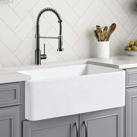 AmazonSmile: CELAENO 33 Inch White Farmhouse Sink, Single Bowl Ceramic Apron-Front Kitchen Sink, Porcelain Farm Sink with Strainer & Protective Bottom Grid : Everything Else Cottage Core Kitchen Ideas, Porcelain Kitchen Sink, Blue Kitchen Designs, White Farmhouse Sink, Ceramic Kitchen Sinks, Kitchen Decor Styles, Apron Front Kitchen Sink, White Kitchen Sink, Fireclay Farmhouse Sink