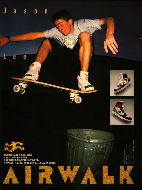 Jason Lee Airwalk originals over the trash can SMA Gizmo Mechanicals Midsummer, Skate Ads, Skateboard Poster, Classic Skateboard, Skate Vibes, Skateboard Photos, Old School Skateboards, Skate Photos, Jason Lee