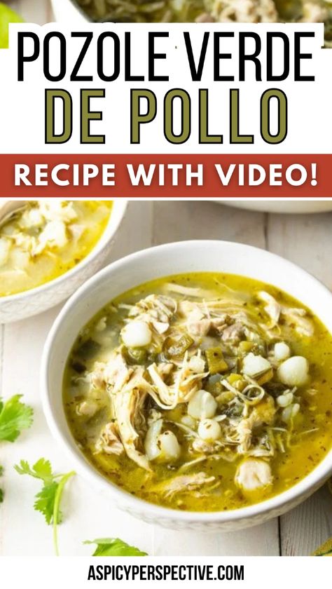 Try this hearty pozole verde de pollo (green Mexican hominy and chicken soup), loaded with flavors of poblano peppers and tomatillos. This easy pozole verde de pollo receta offers a true taste of Mexico, and the video directions make it simple to follow! Garnish with radishes, cabbage, and lime for a vibrant finish to this comforting classic. Green Pozole Recipe Pork Mexican Posole, Mexican Pozole Recipe Chicken, Green Chile Chicken Posole, Posole Recipe Green, Green Chili Chicken Posole, Green Chicken Posole Recipe, Mexican Soup Pozole, Green Posole Recipe, Easy Chicken Posole