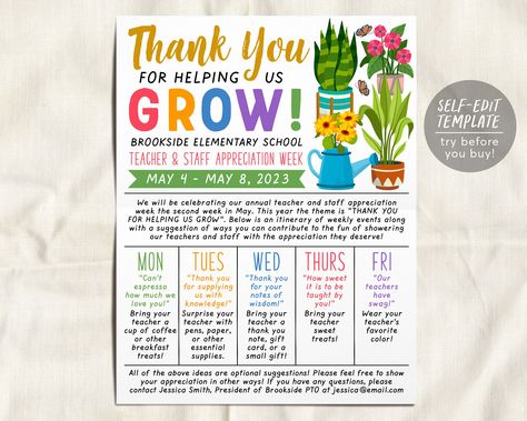 "Floral Bloom Theme Parent Letter Teacher Staff Appreciation Week Editable Template ➡️ MATCHING Collection here: www.etsy.com/shop/PuffPaperCo/items?search_query=appreciationweek01 THIS IS A TEMPLATE WHICH YOU CAN EDIT ON YOUR BROWSER- NO PHYSICAL PRODUCT WILL BE SHIPPED ❤️ EDITABLE TEMPLATE  - 8.5x11\"  - Edit immediately right from your browser - Personalize most text, fonts, & colors - Change size, placement, or delete elements completely - Upload your own logo or image ------------------------------------ ⭐️➡️ TRY THIS TEMPLATE BEFORE BUYING ⬅️⭐️ Copy + Paste this DEMO link into your browser:  https://templett.com/design/demo/puffpaperco/21927453,13860667 ------------------------------------ ❤️ HOW THIS WORKS 1. Purchase the template in this listing. 2. You will receive a link in your Teacher Appreciation Week From Parents, Teacher Appreciation Flower Theme, Staff Appreciation Themes, Bloom Theme, Teacher Appreciation Week Themes, Teacher Appreciation Themes, Sunshine Committee, Staff Appreciation Week, Week Schedule