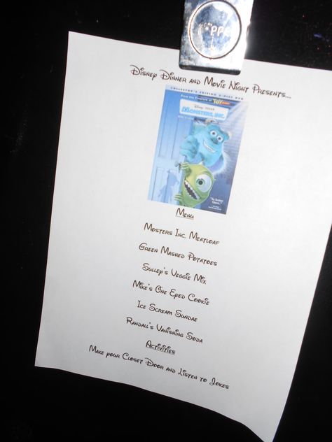 Disney Movie Night Menu: Monster Inc annette@wishesfamilytravel.com Monsters Inc Dinner, Monsters Inc Movie Night, Monsters Inc Movie, Family Movie Night Themes, Disney Movie Night Menu, Themed Meals, Disney Themed Movie Night, Movie Dinner, Themed Nights