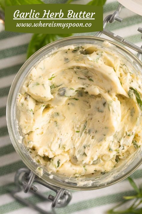 Taste the best garlic herb butter! Made with garlic and fragrant herbs, it adds amazing flavor to any dish. Spread on bread, melt on steak, or toss with hot veggies. #whereismyspoon #garlicherbbutter #herbgarlicbutter #garlicbutter #herbbutter #compoundbutter #homemadecompoundbutter #garlicspread #buttersauce Butter Mixes, Herb Butters, Lemon Herb Butter, Brine Turkey, Butter Spreads, Bread Dinner, Herb Butter Recipe, Garlic Spread, Slushie Recipe