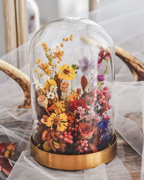 Dried Flower Cloche, Display Dome Ideas, Dried Flower Terrarium, Floral Cloche, Flower Glass Dome, Dried Flowers Crafts, Cloche Decor, Flower Dome, Fairytale Decor