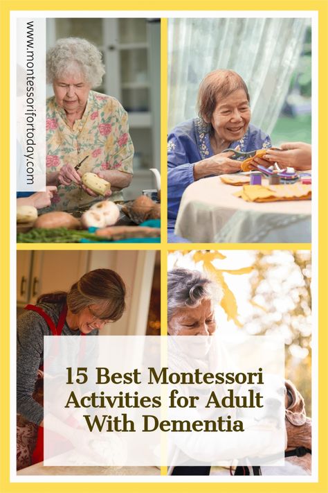 Though the Montessori method was originally developed for children, it has increasingly been used for people affected by dementia. These activities promote independence, mutual connection, and a sense of accomplishment that is particularly useful when dealing with the effects of dementia. We have 15 Montessori activities including crafts for adults, that are enjoyable and can be modified to meet each person’s abilities or needs. Montessori For Elderly, Diversional Therapy Activities, Montessori For Seniors, Montessori Activities For Seniors, Aged Care Activities, Montessori For Adults, Montessori Senior Activities, Montessori Activities Seniors, Alzheimers Activities Crafts Projects