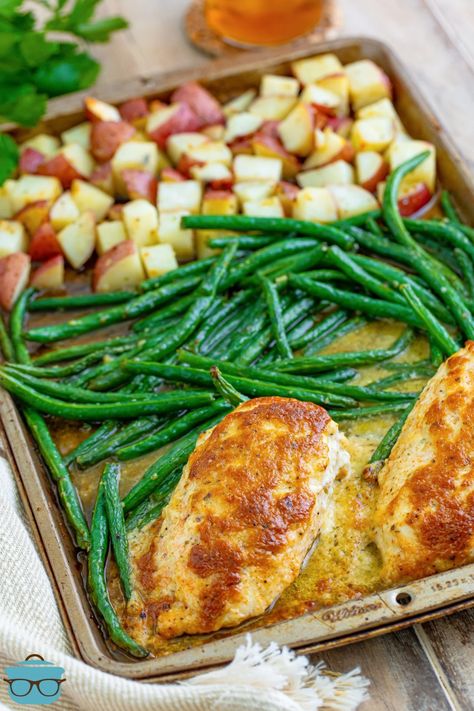 Garlic Parmesan Chicken on a sheet pan with green beans and red potatoes. One Sheet Pan Meals Chicken, Chicken And Veggies One Pan, Healthy Sheet Pan Meals, Chicken Green Beans Potatoes, Chicken For Two, Sheet Pan Chicken And Veggies, Chicken Dinner For Two, Sheet Meals, Chicken Sheet Pan Dinner