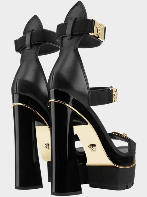 Versace “Medusa” Tri-Strap Platform Sandals Versace Heels, Dr Shoes, Fashion Shoes Heels, Rei Kawakubo, Aesthetic Shoes, Swag Shoes, Platform High Heels, Fashion Heels, Crazy Shoes