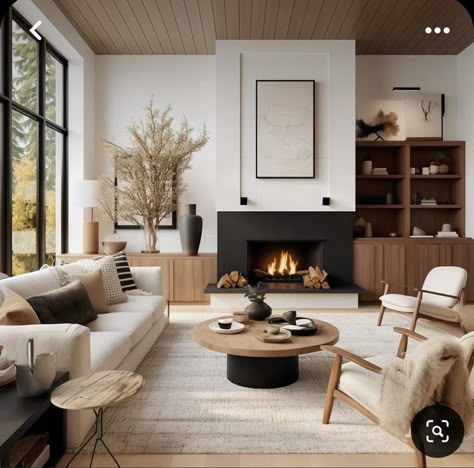 Modern Dark Neutral Living Room, Off Set Tv And Fireplace, Neutral Black Home Decor, Dark Tone Apartment, Family Room Design Neutral, Organic Living Room Furniture, Living Room Support Columns, Apartment Living Room Modern Luxury, Cozy Modern Living Room With Fireplace