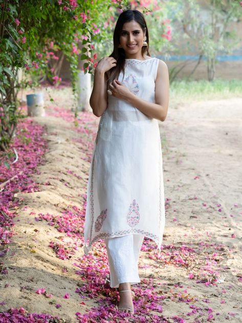 Chanderi Chikankari sleeveless kurta Sleeveless Kurta, Chikankari Work, Stylish Dress Book, Cotton Fabrics, Asymmetrical Hem, Asymmetric Hem, Stylish Dresses, Indian Dresses, Natural Color