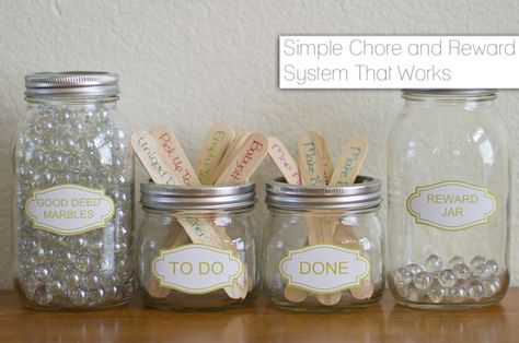 Crafts with Jars: Jar Chore and Reward System Behavior Chart Toddler, Reward System For Kids, Chore Rewards, Marble Jar, Reward Jar, Toddler Behavior, Kids Rewards, Chore Charts, Behaviour Chart