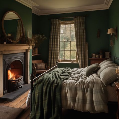 Moody Bedroom Fireplace, Rustic Cozy Bedroom, Dark Cottagecore Aesthetic Bedroom, Black And Dark Green Bedroom, Old English Bedroom, English Style House, Dark Cottagecore House, Bedroom With Fireplace, Blue Green Bedrooms