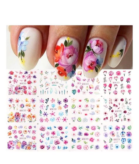 STICKERS TRANSFER Supplies Decorations Watercolor Pink Flower Nails, Nail Decals Designs, Orchid Nails, Sunflower Nail Art, Nail Art For Kids, Foil Nail Art, Diy Acrylic Nails, Floral Nail Designs, Nail Art Stickers Decals