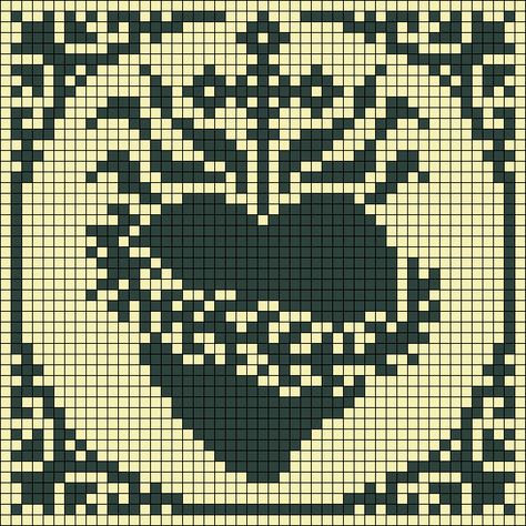 Alpha pattern #153520 variation #333107 Crochet Heart Tapestry, Sacred Heart Crochet Pattern, Greek Cross Stitch Patterns, Sacred Heart Crochet, C2c Crochet Chart, Goth Tapestry Crochet, Crochet Patterns Alpha, Bat Alpha Pattern, Junji Ito Alpha Pattern