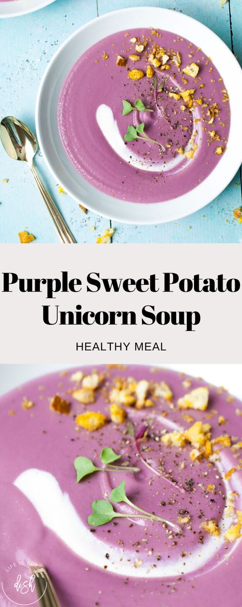 Yes, you read that right! Unicorn Soup! This Purple Sweet Potato Unicorn Soup is delicious and healthy. Win, win! #lifeisbutadish #unicornsoup #soup #sweetpotato Recipes With Purple Sweet Potatoes, Chinese Sweet Potato Soup, Purple Potato Soup, Purple Sweet Potato Recipes Dinners, Purple Sweet Potato Soup, Purple Sweet Potato Powder Recipes, Purple Sweet Potato Recipes Healthy, Entree Plating, Purple Soup