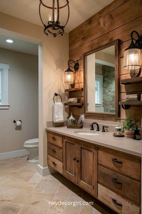 25  Incredible Before-And-After Bathroom Makeovers Old Style Bathroom Ideas, Rustic Bathroom Ideas Decor, Master Bathrooms Cozy, Modern Rustic Cabin Bathroom, Old Farmhouse Interior Design, Modern Farmhouse Bathrooms Remodel, Modern Farmhouse Master Bath Vanity, Minimalist Farmhouse Bathroom, Small Bathroom Remodel Rustic