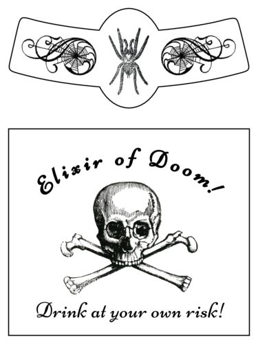 Scare guests and Halloween party-goers with this free printable beer bottle label template. Design features a creepy spider with spiderwebs, skull and crossbones, and more. Text reads: Elixir of doom, drink at your own risk. Halloween Drink Labels Printable Free, Beer Bottle Labels Template, Halloween Water Bottle Labels, Candy Jar Labels, Halloween Apothecary Labels, Labels Printables Free Templates, Halloween Potion Bottles, Halloween Apothecary, Apothecary Labels