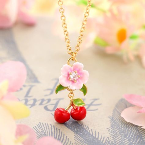 Flower Cherry Necklace | Cherry Necklace Gold | Cherry Pendant | Gold Cherry Necklace for Women | Selenichast Cherry Charm, Cherry Necklace, Fruit Necklace, Orange Necklace, Ripe Fruit, Positive Mood, Enamel Necklaces, Necklace Simple, Summer Necklace