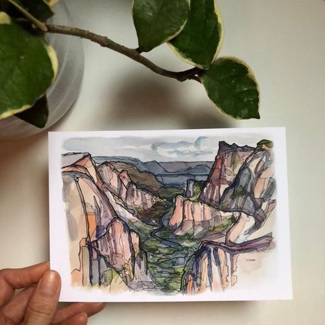 Remember your travels with unique art! Zion Canyon national park print utah watercolor kat ryalls #etsy #nationalpark #zion #natureart #utah Zion Watercolor, National Park Watercolor, Park Watercolor, National Park Art, Zion Canyon, Feminine Tattoo, Watercolor Sketchbook, Park Art, Color Painting