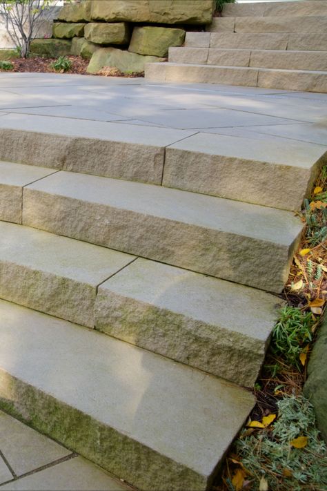 Limestone is durable in nature and reflects a sustainable decision. If you are looking to create a backyard patio/landscape steps, limestone is the material for you. Backyard Hardscape, Limestone Patio, Indiana Limestone, Patio Stairs, Landscape Stairs, Landscape Steps, Step Treads, Patio Steps, Front Walkway