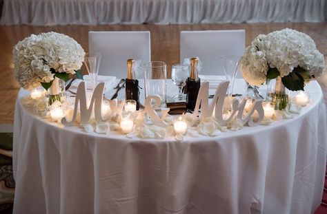 Elegant All White Sweetheart Table Wedding Reception Decor with White Centerpieces White Sweetheart Table Wedding, All White Sweetheart Table, White Sweetheart Table, Head Table Wedding Decorations, White Centerpieces, Bride Groom Table, Wedding Candles Table, Sweetheart Table Decor, White Weddings Reception