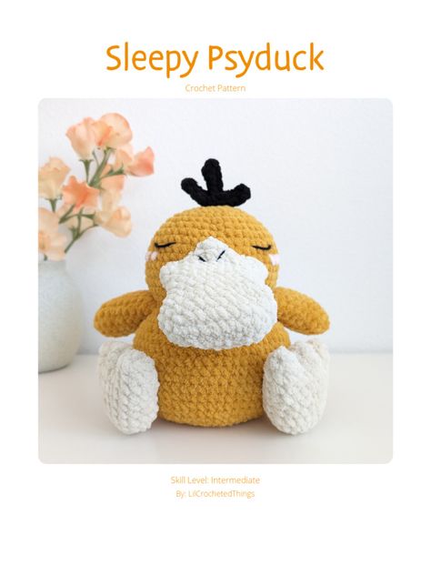 Crochet Pokemon Psyduck, Psyduck Crochet Pattern, Crochet Psyduck Pattern Free, Psyduck Crochet Free Pattern, Crochet Psyduck, Crochet Pokemon, Pokemon Pattern, Lil Bro, Crochet Flowers Free Pattern