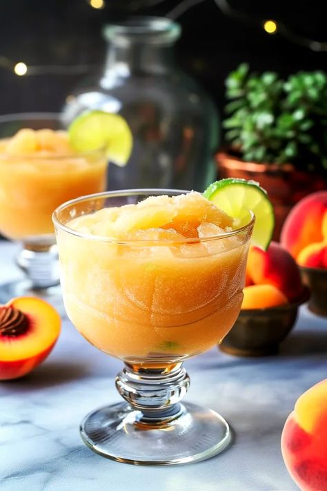 Bourbon Peach Bliss - ChewChug Peach Moscato, Frozen Peach Bellini, Wine Slush, Cheesecake Factory Copycat, Frozen Peaches, Frozen Lemonade, Peach Bellini, Frozen Cocktails, Peach Juice