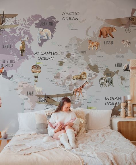 Kids Map Wallpaper Removable Wallpaper Peel and Stick - Etsy Australia Peel And Stick Wallpaper For Playroom, Educational Wallpaper, Peel And Stick Wallpaper Kids, Living Minimally, Baby Room Wallpaper, Thomas Bedroom, Continent Map, Boys Room Wallpaper, World Map Mural