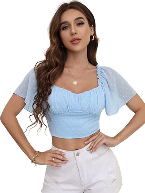 Alice Blue, Woman Personality, Puff Sleeve Crop Top, Party Dress Long Sleeve, Cropped Tops, Puff Sleeve Dresses, Swiss Dot, Collar Top, Crop Top Blouse