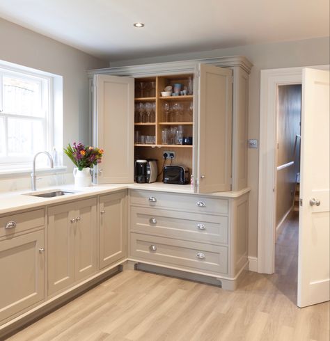 Large Kitchen Cupboard, Small Bespoke Kitchen, Small Kitchen With Bifold Doors, Double Doors To Kitchen, Bifold Cupboard Doors, Georgian Style Kitchen, Bifold Kitchen Cabinet Doors, Bifold Kitchen Cabinet, Small Bifold Doors