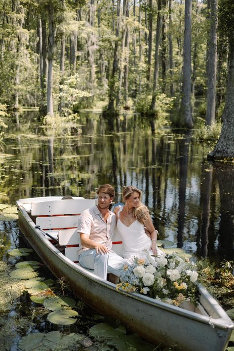 Cypress Gardens | Couple Posing | Charleston | Wedding Photographer | Couples Photographer | Engagement Inspo Cypress Gardens Sc, Boat Engagement Photos, Charleston Engagement Photos, Boat Photoshoot, Forest Engagement Photos, Fairytale Photoshoot, Lake Engagement Photos, River Pictures, Cypress Gardens