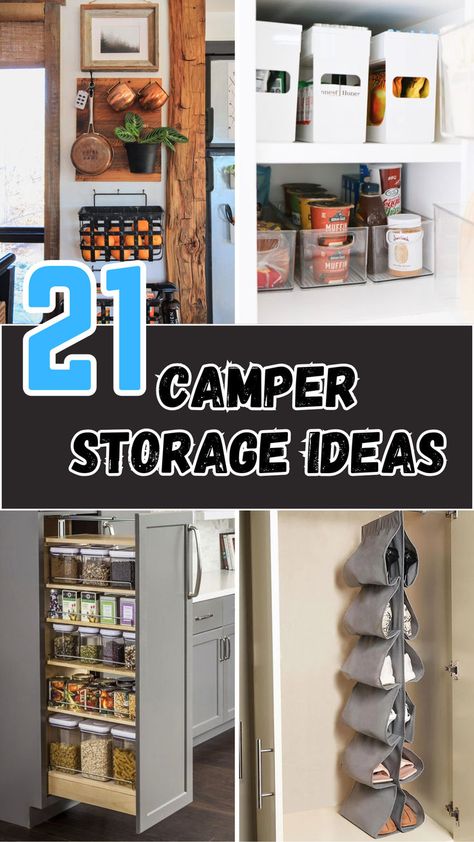 Creative and efficient camper storage solutions are featured in this image, showcasing ideas like hanging organizers, labeled bins, pull-out pantry shelves, and rustic wall-mounted racks. Perfect for maximizing space and keeping your camper tidy on your next adventure! Inside Camper Storage Ideas, Camper Trailer Storage Ideas, Caravan Storage Ideas Australia, Truck Camper Storage Ideas, Camper Clothes Storage Ideas, Van Storage Ideas Tools, Rangement Caravaning, Camper Storage Ideas, Travel Trailer Storage