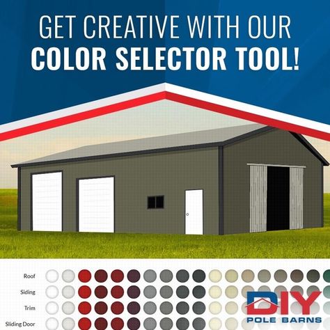 Want to know what your pole barn will look like once it's completed? Bring out your creative side with the Color Selector Tool and explore hundreds of color combinations! Metal Shop Color Schemes, Shop Colors Metal, Metal Building Exterior Colors Schemes, Metal Shop Colors, Metal Barn Colors Scheme Exterior, Metal Roof And Siding Color Combinations, Pole Barn Colors Scheme Exterior, Barn Colors Exterior, Shed Colors Exterior