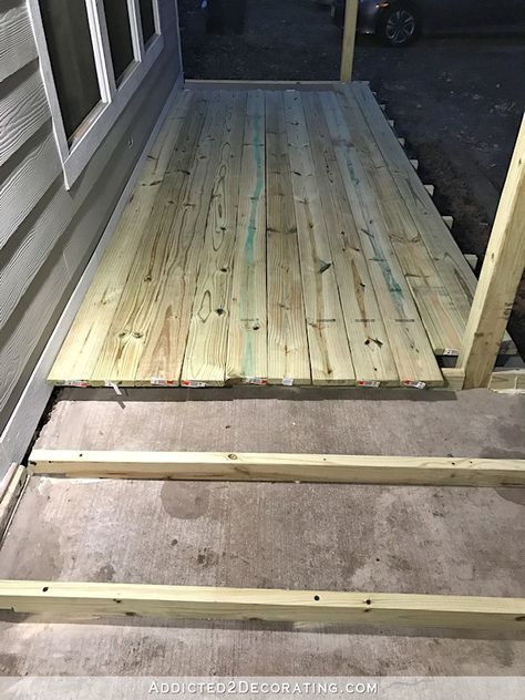 Deck Over Concrete, Wood Front Porch, Front Porch Remodel, Concrete Front Porch, Front Porch Deck, Step Ideas, Concrete Patio Makeover, Porch Wood, Front Porch Makeover