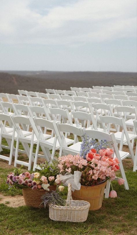 Wedding Floral Basket, Flower Basket Ideas Wedding, Dainty Wedding Theme, Minimal Wedding Aisle Flowers, Basket Floral Arrangements Wedding, Baskets With Flowers Wedding, Flowers In Wicker Baskets Wedding, Basket Flower Wedding, Basket Florals Wedding