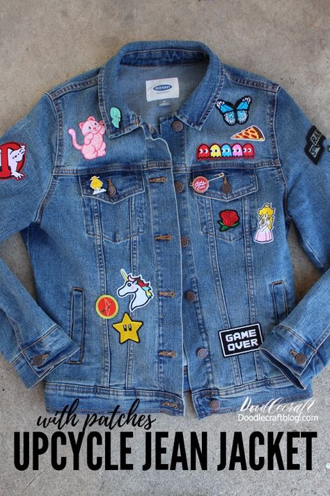 Upcycle Jean Jacket, Jean Jacket With Patches, Upcycled Denim Diy, Earth Day Craft, Jean Jacket Diy, Kids Jeans Jacket, Jacket With Patches, Jean Jacket Patches, Upcycle Ideas