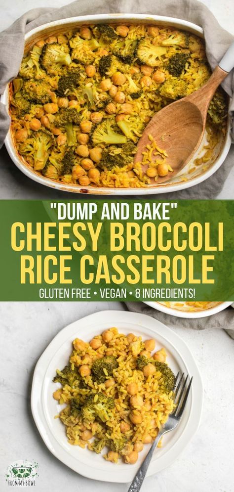 This Cheesy Broccoli Rice Casserole is Gluten-Free, Dairy-Free, and made with only 8 healthy ingredients! Simply add everything to a pan, bake, and enjoy. #casserole #broccoliricecasserole #vegan #glutenfree #plantbased #dumpandbake #mealprep via frommybowl.com Healthy Tots, Baked Meals, Vegan Casseroles, Cheesy Broccoli Rice Casserole, Thanksgiving Casserole Recipes, Cheesy Broccoli Rice, Dump And Bake, Vegetarian Mains, Vegan Entrees