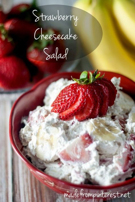 The cheesecake pudding in this Strawberry Cheesecake Salad makes it even creamier! Strawberry Banana Salad, Strawberry Banana Cheesecake Salad, Strawberry Cheesecake Salad, Banana Salad, Cheesecake Salad, Banana Cheesecake, Cheesecake Pudding, Macaroni Salad Recipe, Fruity Desserts