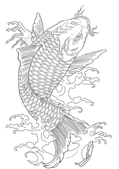 Koi Tattoo Stencil, Koi Fish Tattoo Stencil, Koi Fish Stencil, Japanese Water Tattoo, Koi Dragon Tattoo, Half Sleeve Tattoos Sketches, Chest Tattoo Stencils, Koi Tattoo Sleeve, Geisha Tattoo Design