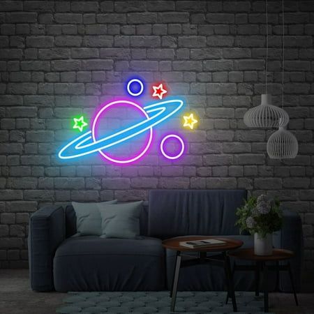 Planet Neon Sign, LED Planet Neon Light Signs for Wall Decor, Battery Powered Planet Neon Signs for Bedroom, Kids Room, Bar, Party Decor Size: 20" x 12.5".  Color: Multicolor. Space Neon, Home Study Rooms, Cheap Neon Signs, Light Science, Space Themed Room, Planet Saturn, Neon Quotes, Neon Wall Art, Neon Sign Shop