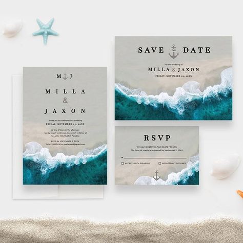 Beach Wedding Printable Invitation Set Edit Yourself Template | Etsy Lithuania Wedding, Destination Wedding Party, Wedding Cruise, Nautical Wedding Invitations, Wedding Announcement Cards, Wedding Tropical, Ocean Sand, Sea Wedding, Ocean Wedding