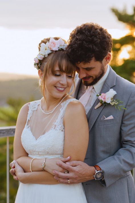 Bride wearing flower crown cuddling with her husband at sunset French Riviera Wedding, Greenhouse Wedding, Temple Wedding, Bay Wedding, Vintage Inspired Wedding, Mod Wedding, Oregon Wedding, Wedding Videos, Wedding Film