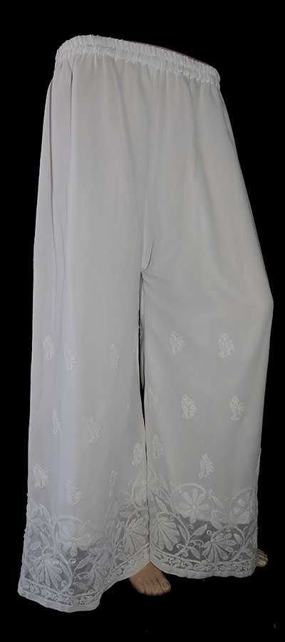 ISHIEQA's White Chikankari Chiffon Plazzo - AN0107D - ISHIEQA'S White Kurti Plazo Design, White Plazo Design, White Plazo Outfits, White Palazzo Pants Outfit Indian, Chikankari Plazo, Plazo Designs Latest Style, White Plazo, Tapered Pants Outfit, Chikankari Pants