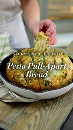 This Pesto Pull-Apart Bread satisfies our need for cheesy goodness and is a surprisingly easy dinner centerpiece that will surely wow your guests. Pro Tip: The Thermador Steam Oven gives just the right balance of crisp and chew. Ingredients: Sourdough loaf, butter, garlic, fresh parsley, mozzarella cheese, parmesan cheese, pesto Pull Apart Sourdough Bread, Pesto Sourdough, Pesto Bread, Sourdough Loaf, Steam Oven, Pull Apart Bread, Sourdough Bread Recipe, Recipes Appetizers And Snacks, Pesto Recipe