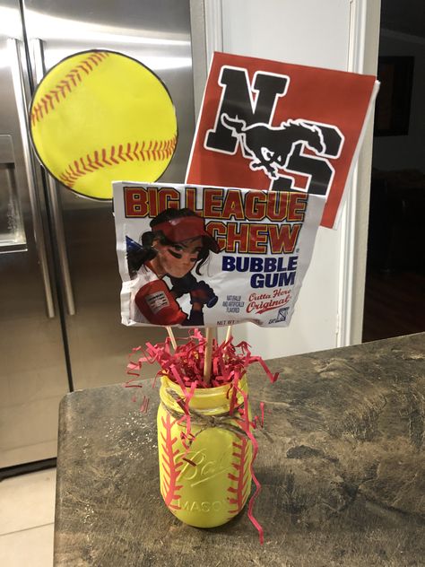 Softball Centerpiece Softball Fence Decorations, Softball Party Centerpiece, Softball Party Food Ideas, Softball Table Decorations, Softball Banquet Decorations, Softball Centerpieces Banquet, Softball Centerpieces Table Decorations, Softball Banquet Ideas Table Decorations, Softball Banquet Ideas