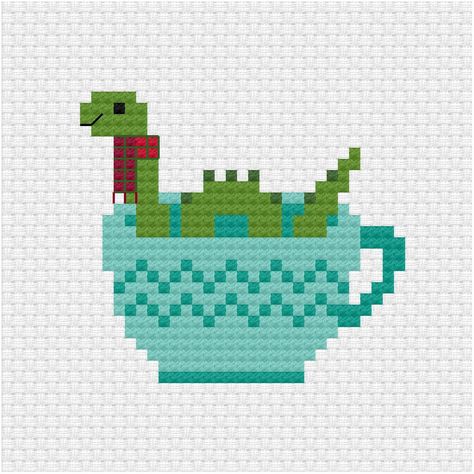 Loch Ness Monster Cross Stitch, Cross Stitch Tea Cup, Animals In Cups, Tea Cup Cross Stitch, Tiny Cross Stitch Patterns, Monster Cross Stitch, Tea Cross Stitch Pattern, Tea Cross Stitch, Micro Embroidery