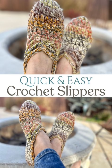 Looking for a QUICK pair of slippers to give as a gift or make for yourself? These slippers are the ones! Use a bulky weight yarn (or hold two worsted weight strands together) and these work up in no time flat. Customizable in length and comfortable to wear. These slippers are crocheted with a free pattern! Crochet Shoe Sole Free Pattern, Crochet Loafers Free Pattern, Toddler Slippers Crochet Free Pattern, Things To Crochet With Chunky Yarn, Crochet Shoes Pattern Free, Bulky Yarn Projects, Yarn Slippers, Slippers Crochet Pattern, Bulky Crochet