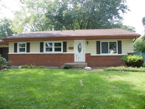 half brick ranch home Half Brick Half Siding Exterior Ranch, Half Brick House Exterior, Half Brick Half Siding Exterior, Brick Ranch Home, Crown Point Indiana, Brick Planter, Different House Styles, Brick Siding, White Siding