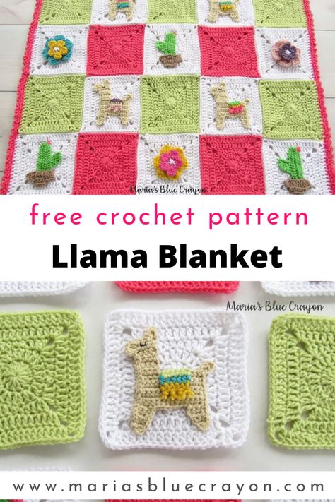 This granny square blanket is made up of solid granny square and individual llama, cactus, and flower appliques. Put them all together and you get a cute llama and cactus themed blanket. Find all the free patterns on Maria's Blue Crayon blog. #llamaandcactus #freecrochetpattern Llama Blanket, Burlap Rosettes, Crochet Llama, Character Blankets, Crochet Squares Afghan, Blue Crayon, Crochet Blanket Designs, Crochet Quilt, Manta Crochet