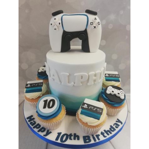 PS5 cake with matching cupcakes and sugar craft remote Ps5 Cake, Cake With Matching Cupcakes, 10% Happier, Sugar Craft, Cake Ideas, Video Game, Cupcake, Cake, Birthday