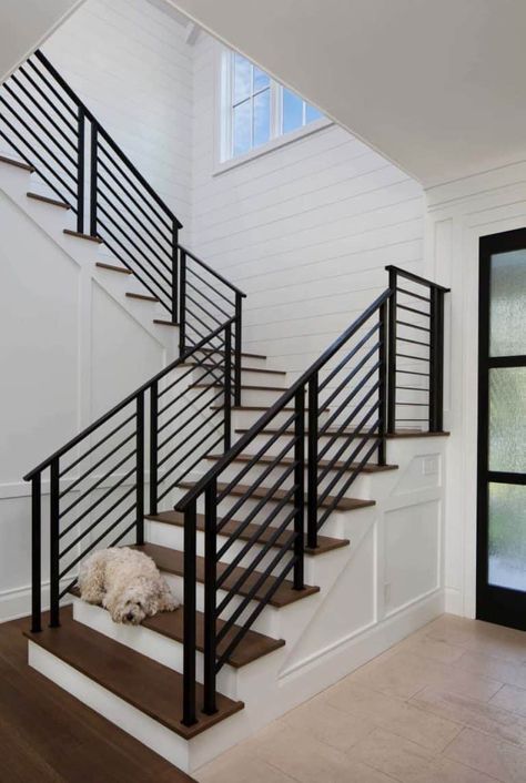 Classic farmhouse style with soothing interiors in Northern California Stylish Stairs, Farmhouse Staircase Decor, Architecture Staircase, Farmhouse Staircase, Metal Stair Railing, Outdoor Stair Railing, Wrought Iron Stair Railing, Modern Stair Railing, Iron Stair Railing